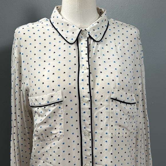 Ann Taylor Polka Dot Cream Navy Long Sleeve Collared Silk Shirt size XL - Picture 6 of 15